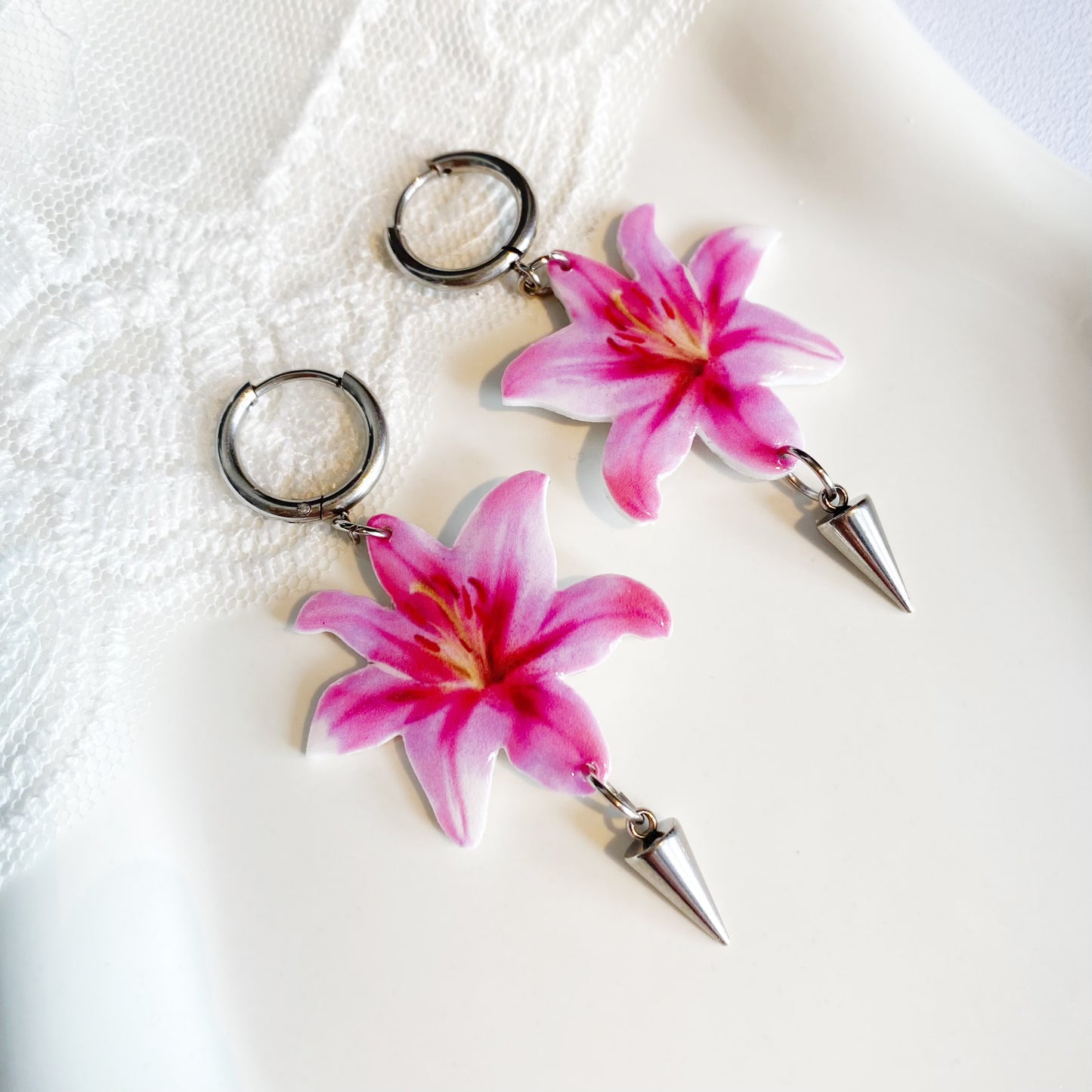 Pink Lily Huggie Earrings Clip-ons with Awl Dangling