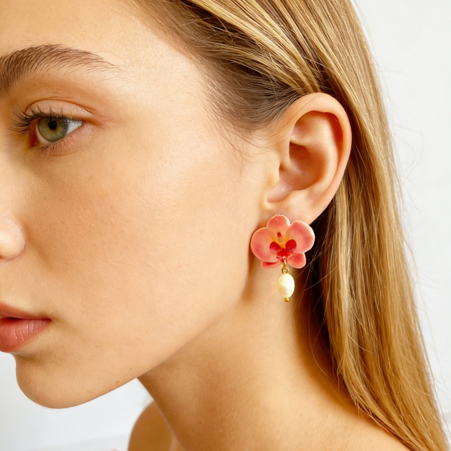 Orchid Studs Earrings with Fresh Water Pearl Dangles