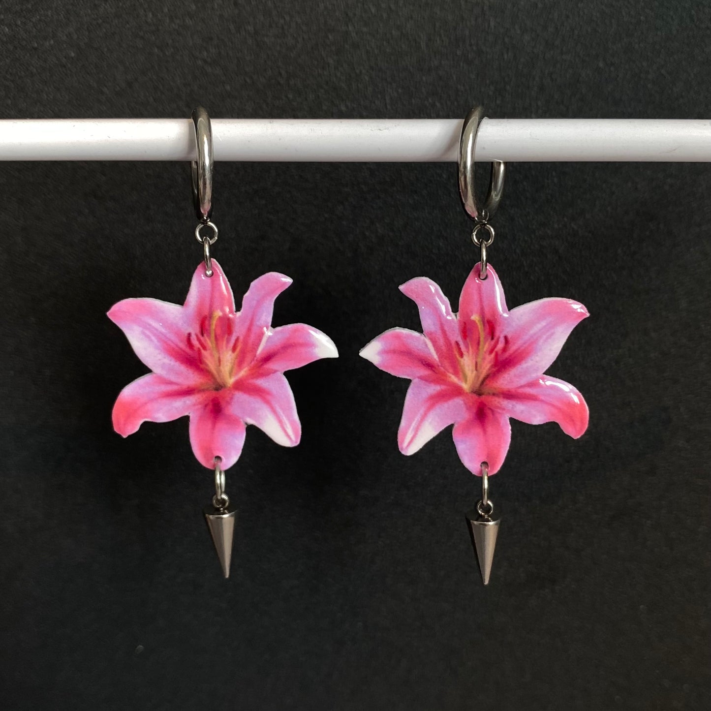 Pink Lily Huggie Earrings Clip-ons with Awl Dangling