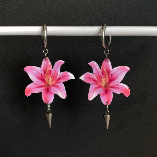 Pink Lily Huggie Earrings Clip-ons with Awl Dangling