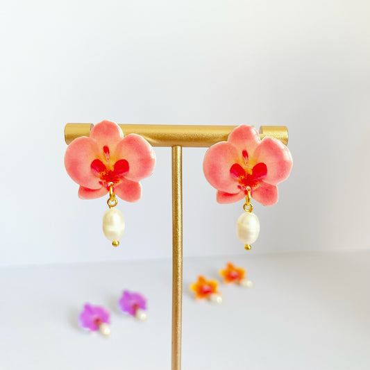 Orchid Studs Earrings with Fresh Water Pearl Dangles