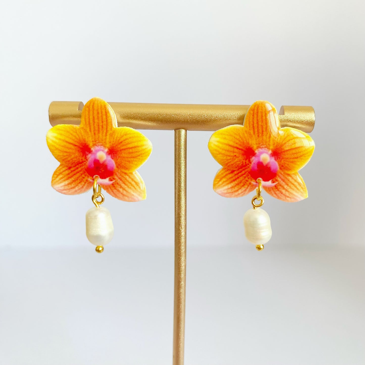 Orchid Studs Earrings with Fresh Water Pearl Dangles