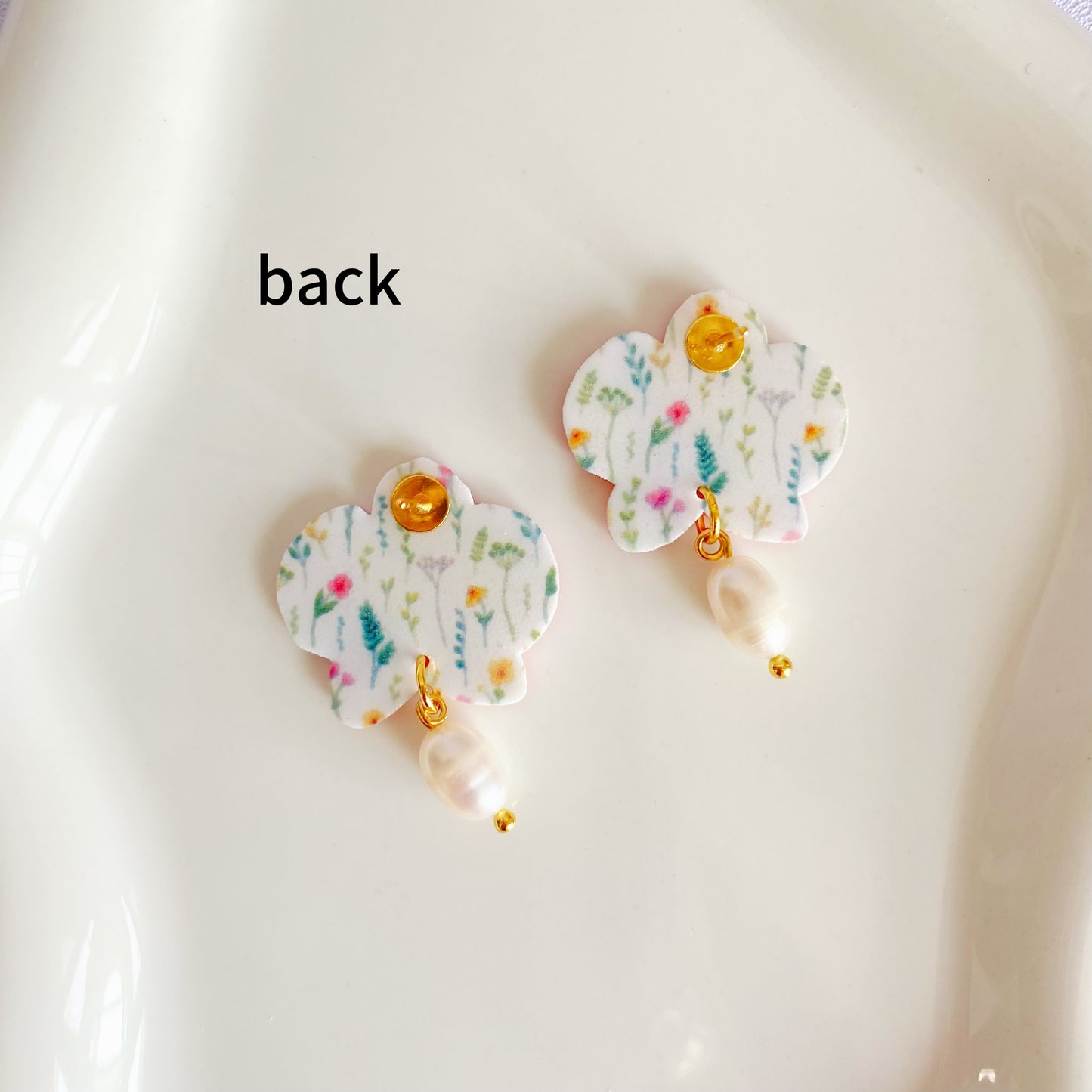 Orchid Studs Earrings with Fresh Water Pearl Dangles