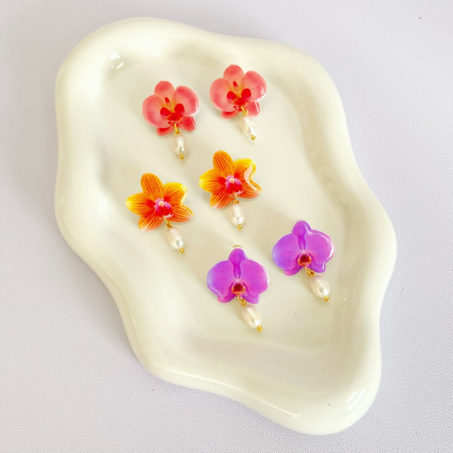 Orchid Studs Earrings with Fresh Water Pearl Dangles