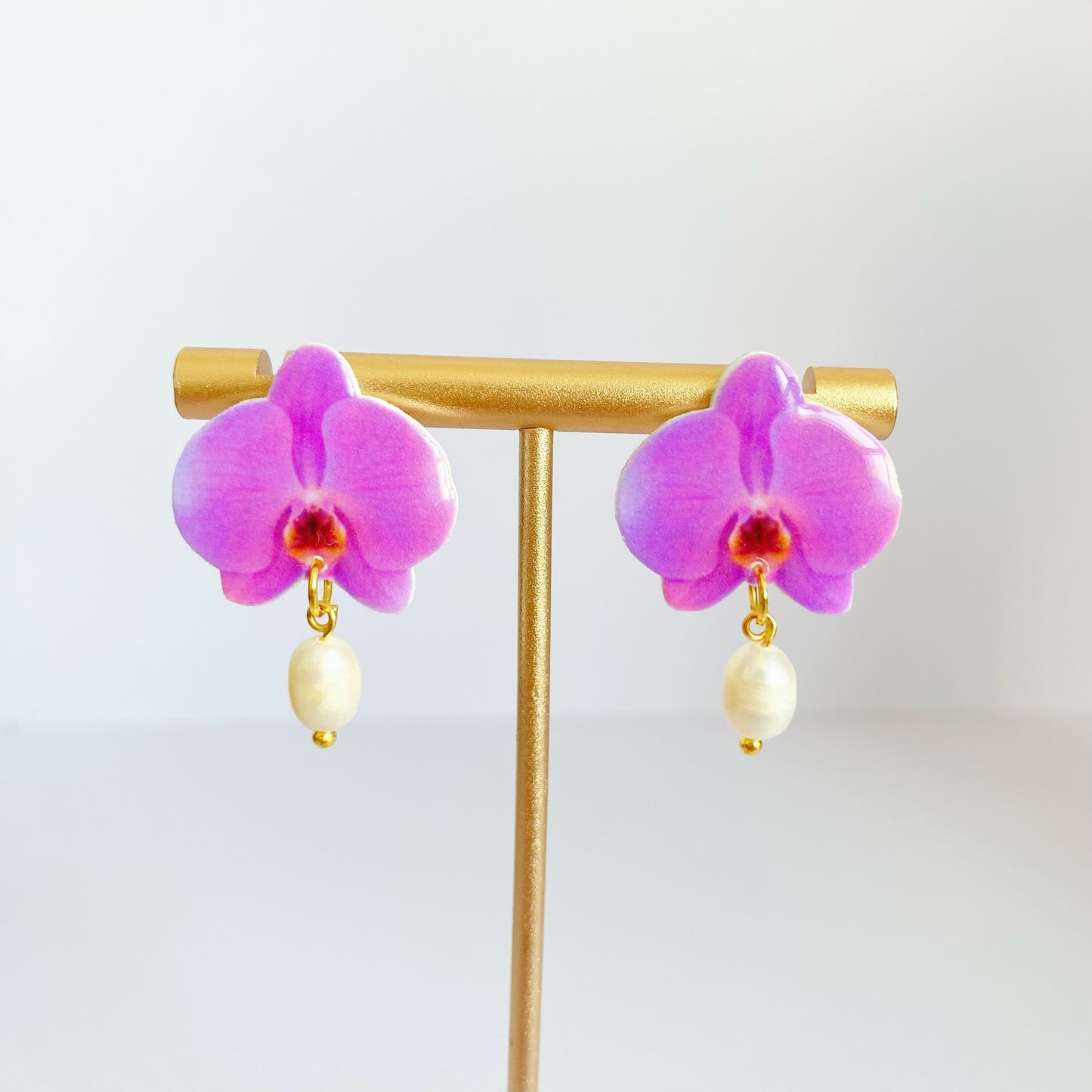Orchid Studs Earrings with Fresh Water Pearl Dangles