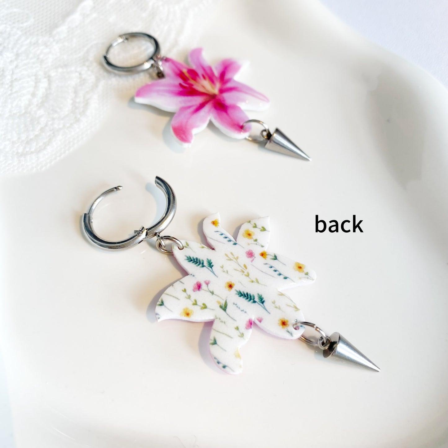 Pink Lily Huggie Earrings Clip-ons with Awl Dangling