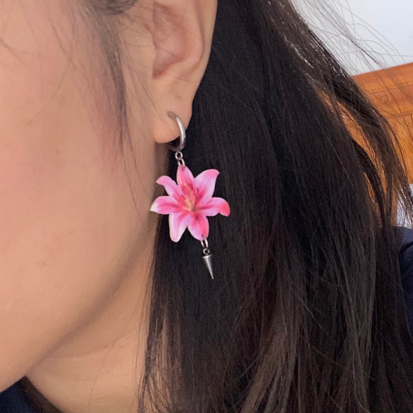 Pink Lily Huggie Earrings Clip-ons with Awl Dangling