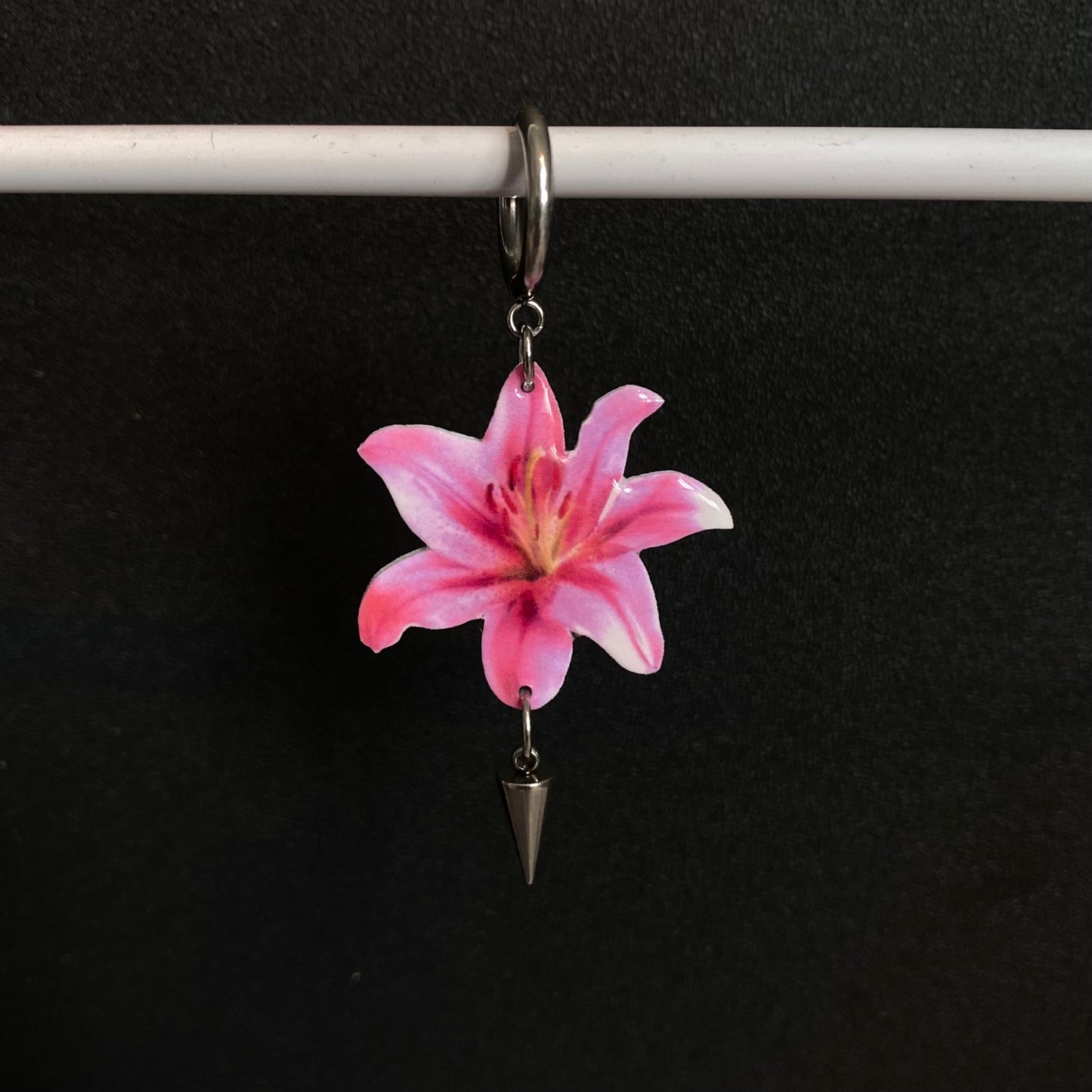 Pink Lily Huggie Earrings Clip-ons with Awl Dangling